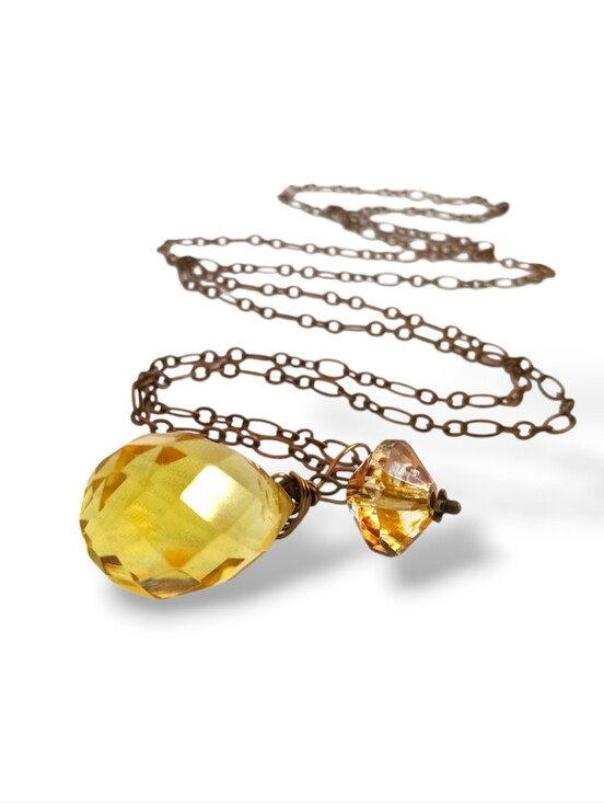 Hand Crafted Jewelry - Hand Crafted Citrine Drop Pendant Amber Czech Glass X Long Antique Brass Chain